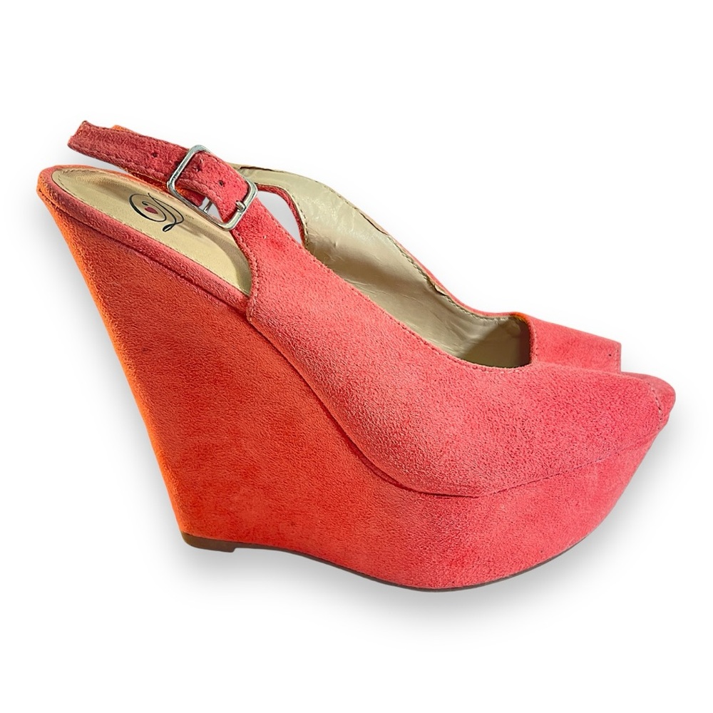 D Coral Faux Suede Platform Sling Back Peep Tie Heels SZ 8